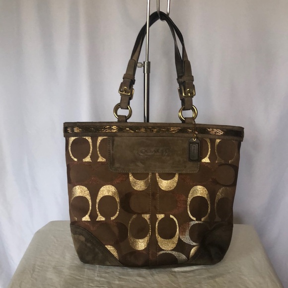 Coach Handbags - COACH brown and gold sparkly C Lilia Metallic tote shoulder handbag.